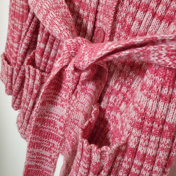Vintage 1970s Cranberry Marled Knit Belted Cardigan Sweater Jacket with Pockets - Picture 8 of 15